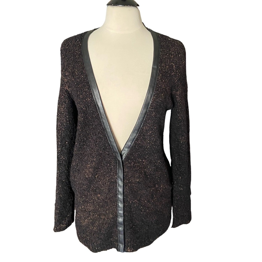 Hinge Womens Cardigan Wool Alpaca Black Faux Leather Trim Longline Sz Small